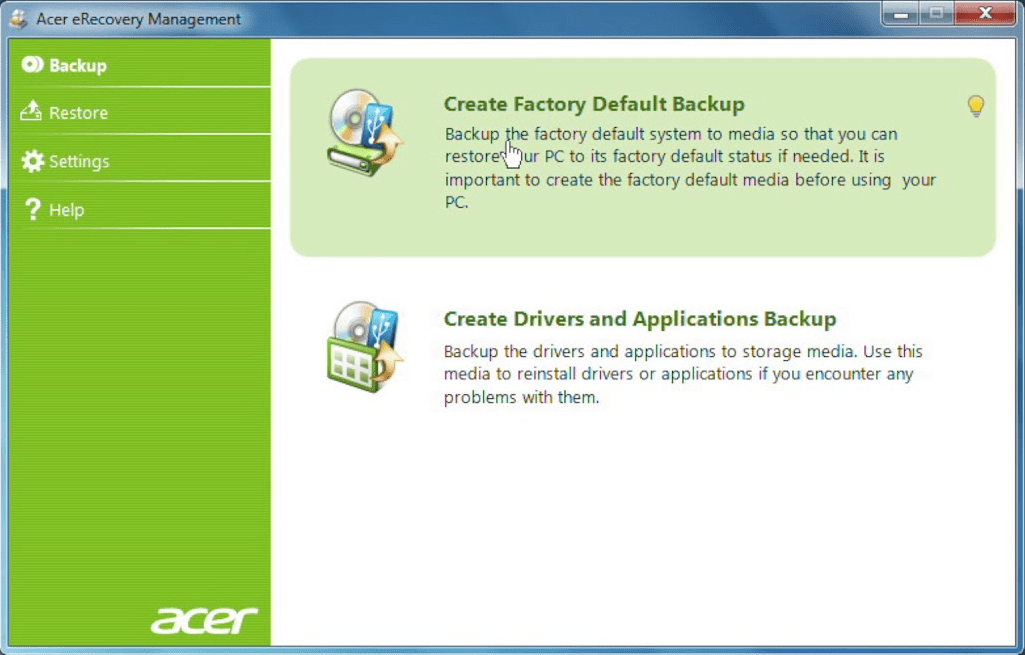 Acer eRecovery Management Запуск