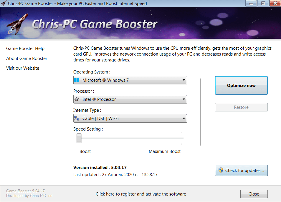 Chris-PC Game Booster Главное окно