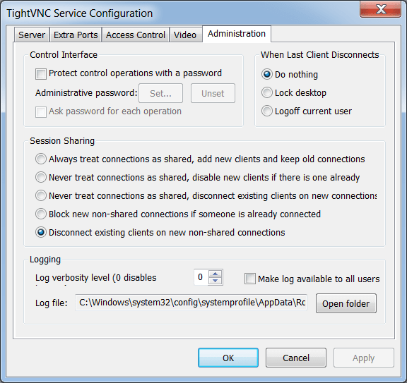 TightVNC Session settings