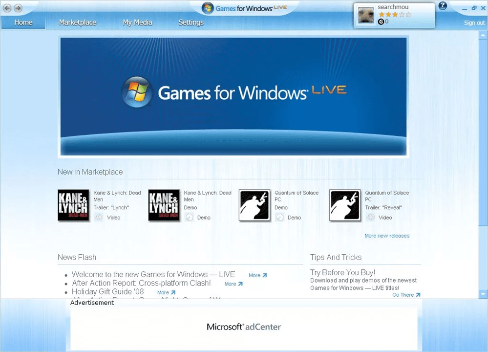 Games For Windows Live Меню