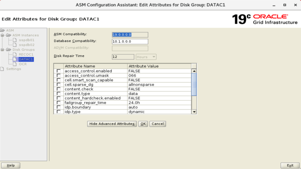 Oracle Database ASMCA interface disk group attributes