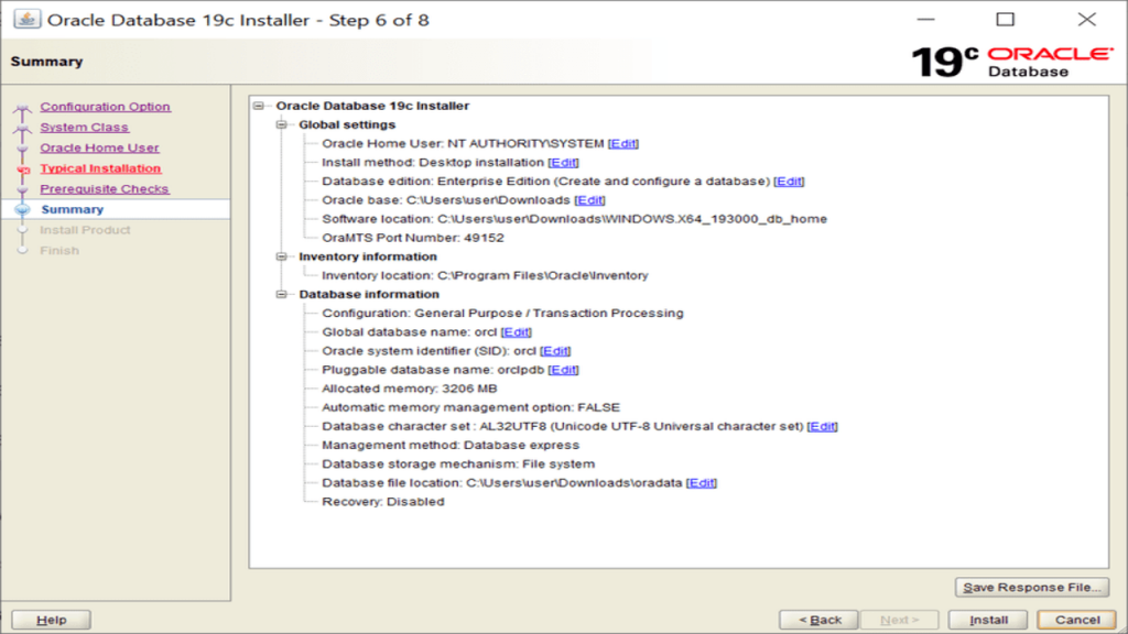 Oracle Database Installation summary