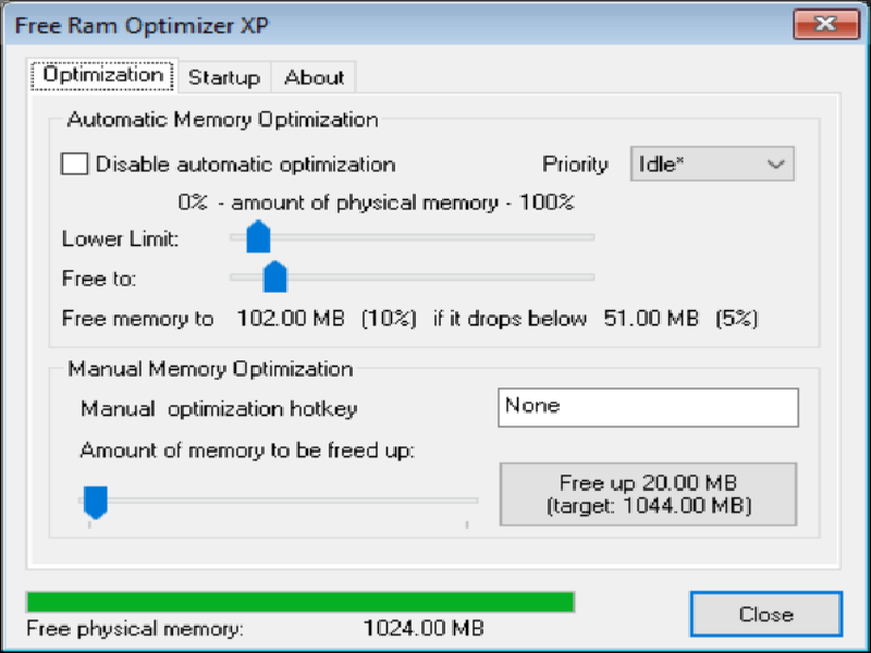 Free Ram Optimizer XP Optimization menu
