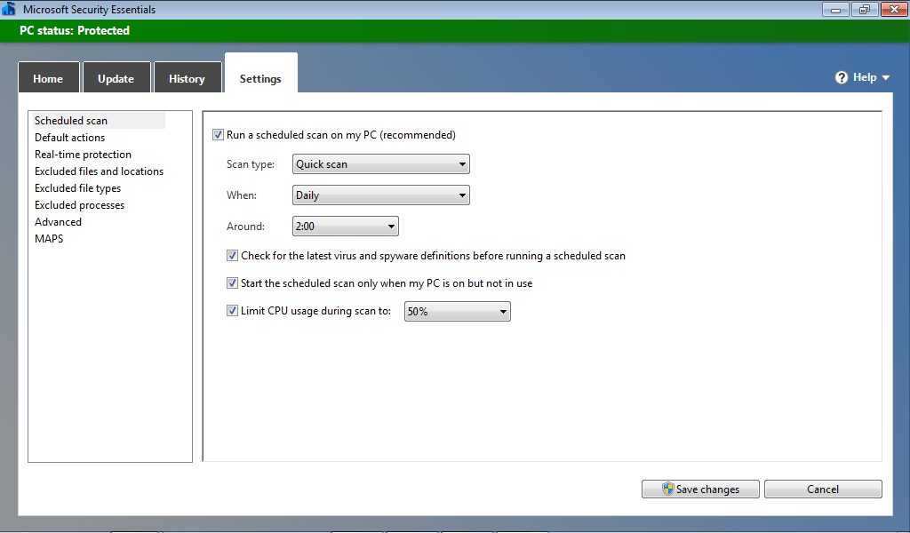 Microsoft Security Essentials Settings