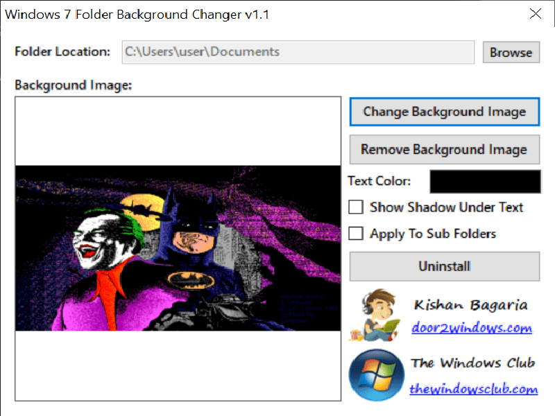 Windows 7 Folder Background Changer Main window