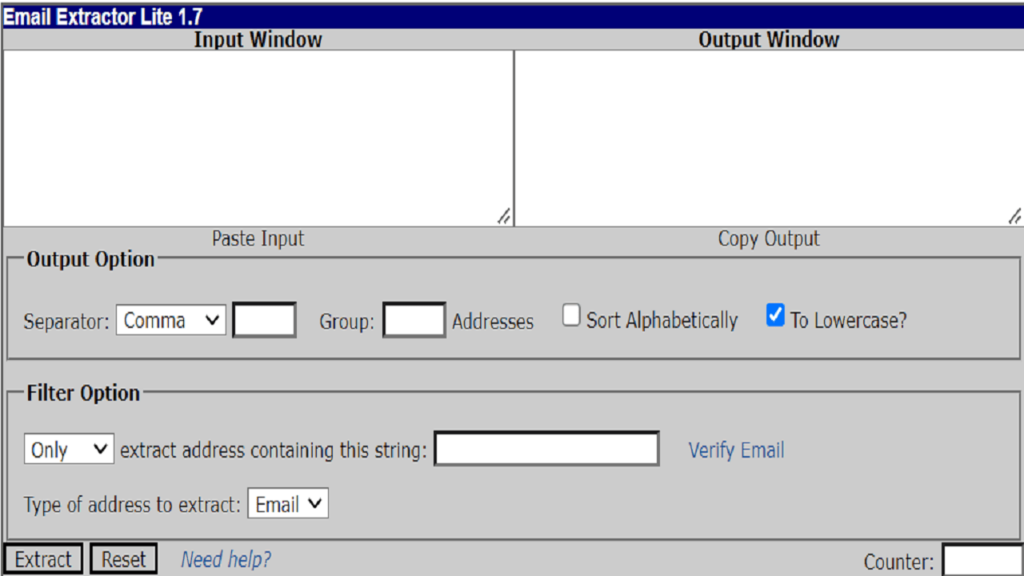 Email Extractor Lite Main window