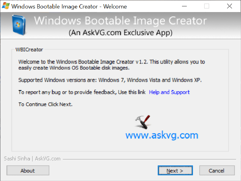 Windows Bootable Image Creator Start screen