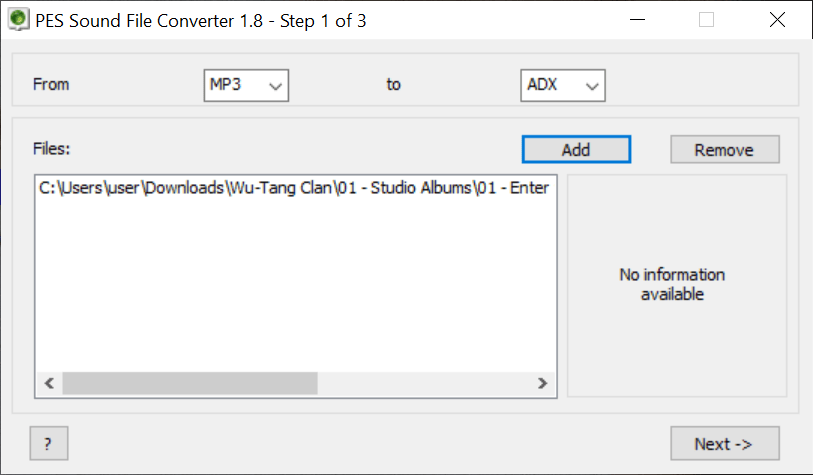 PES Sound File Converter 音楽の選択