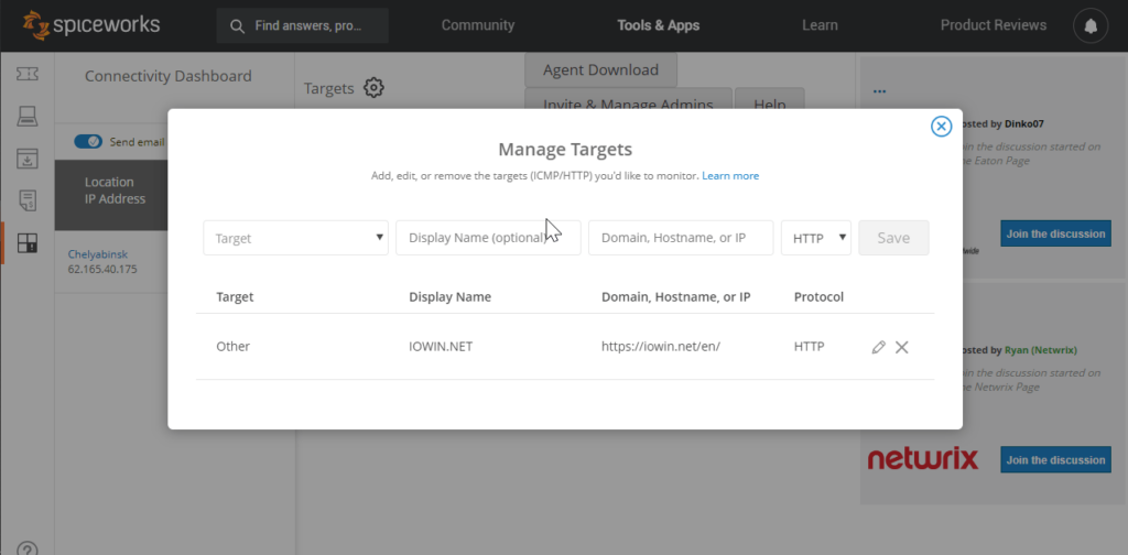 Spiceworks Network Monitor Manage targets