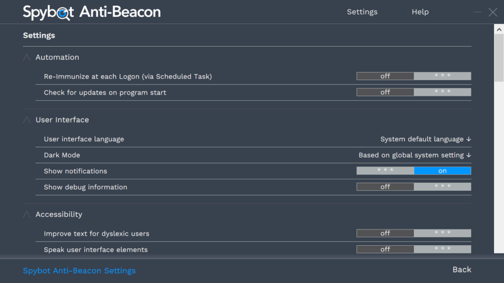 Spybot Anti Beacon Program settings