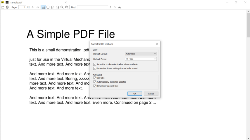Sumatra PDF Options