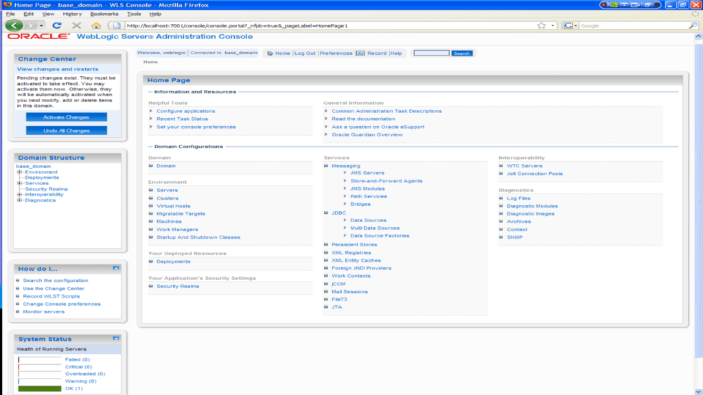 WebLogic Server homepage