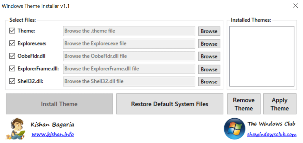 Windows Theme Installer Main menu
