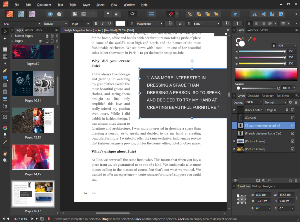 Affinity Publisher Text editing