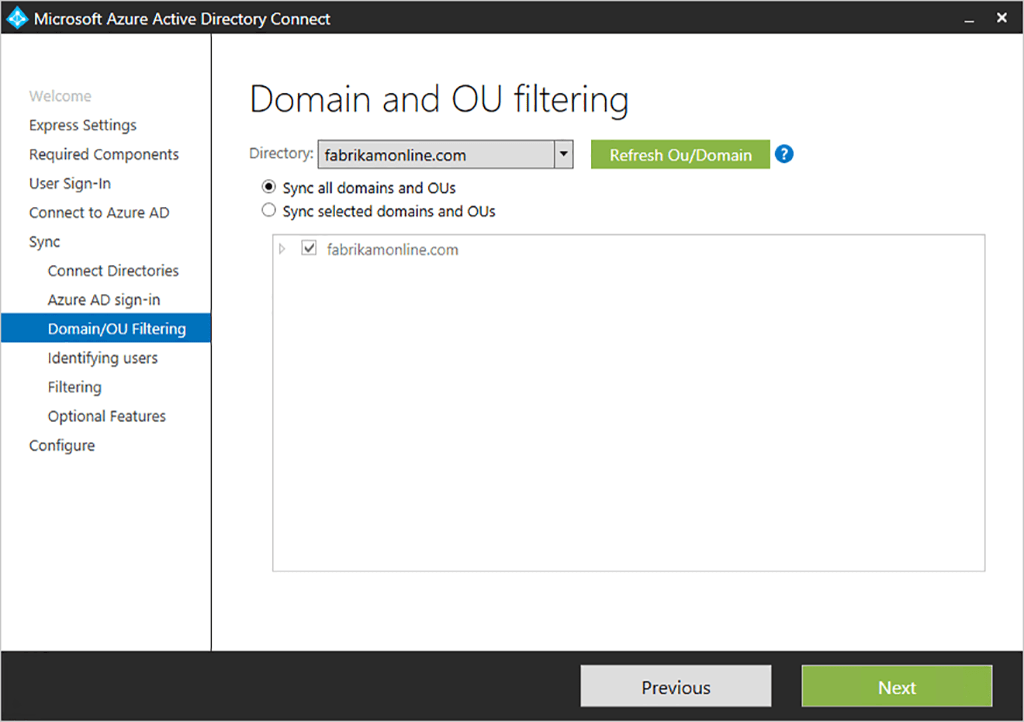 Azure Active Directory Connect Domain filtering