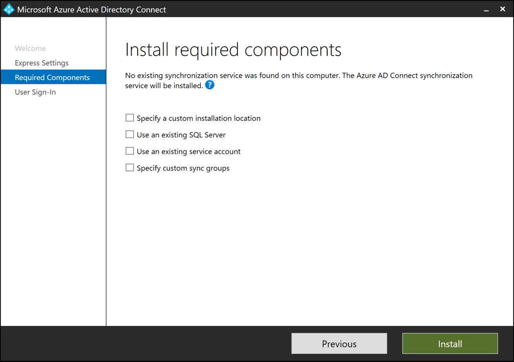 Azure Active Directory Connect Required components installation