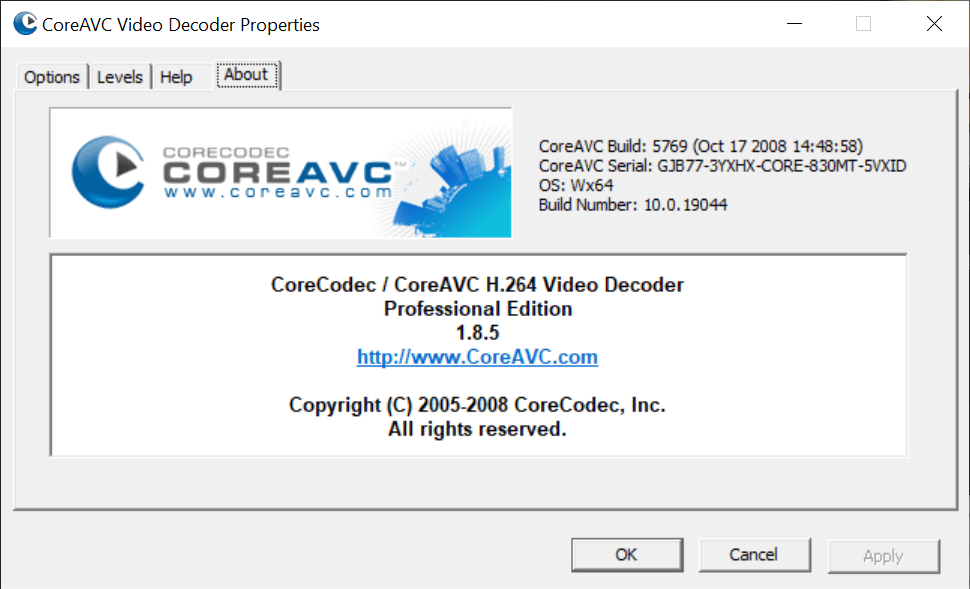 CoreAVC About screen