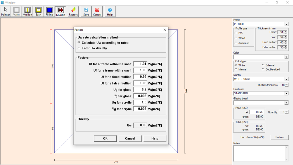 PVC Windows Designer U-value calculator