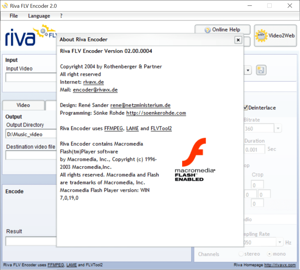 Riva FLV Encoder About screen