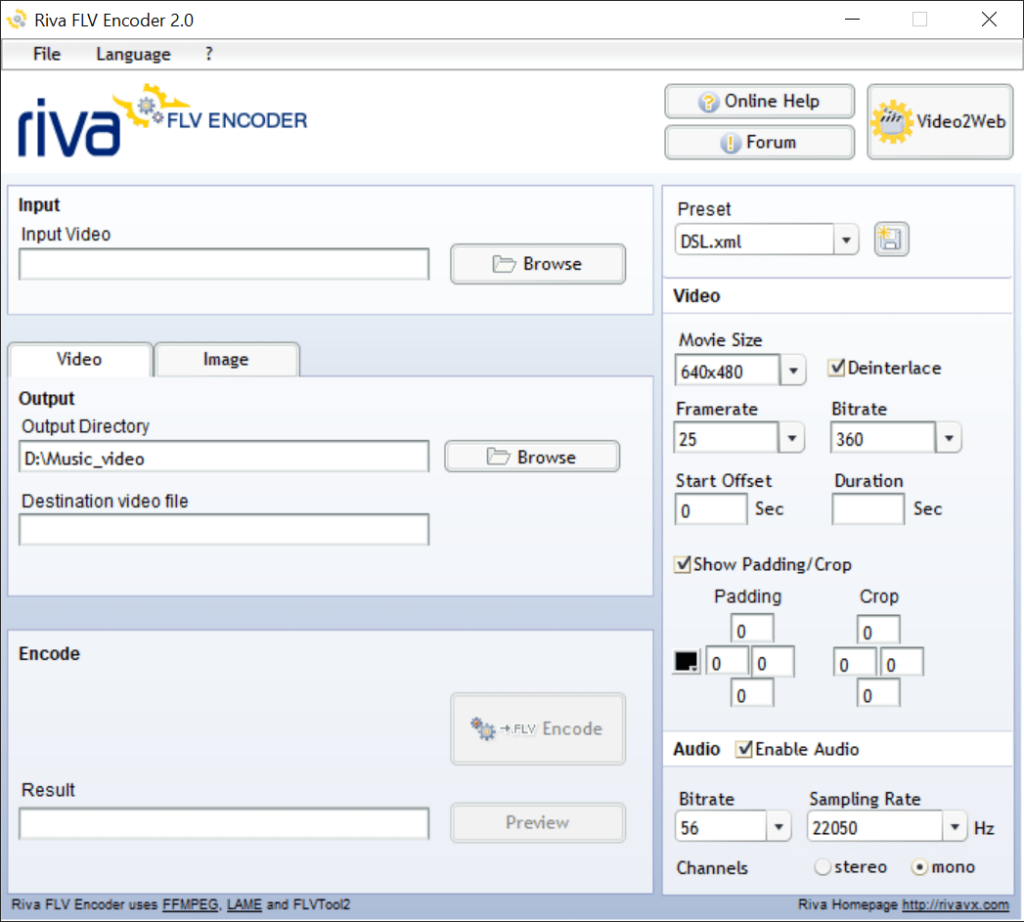 Riva FLV Encoder Conversion settings