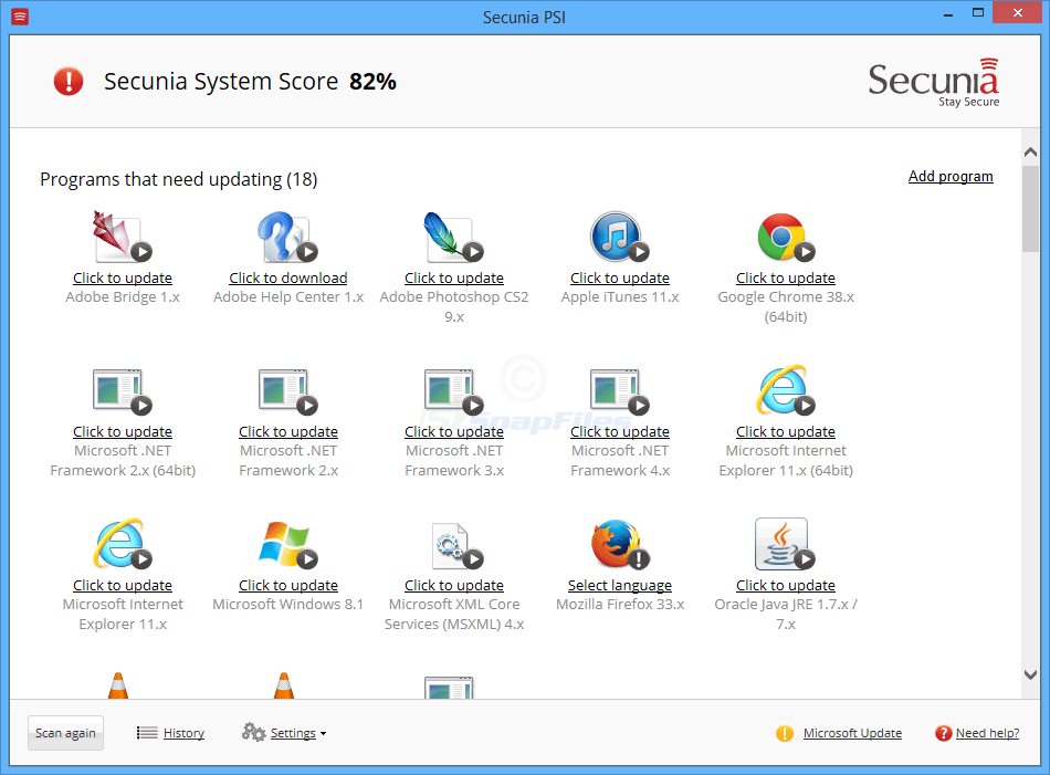 Secunia PSI Available software updates