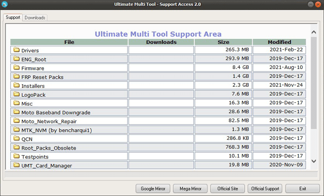 UMT Support Access Main menu