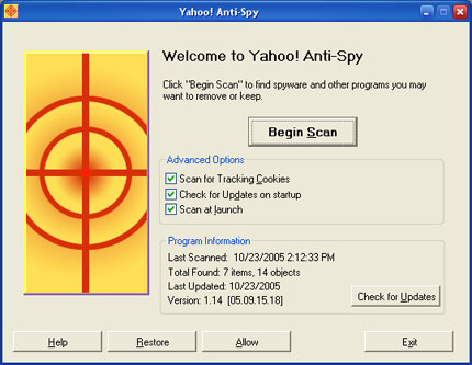 CA Yahoo Anti Spy Scan options