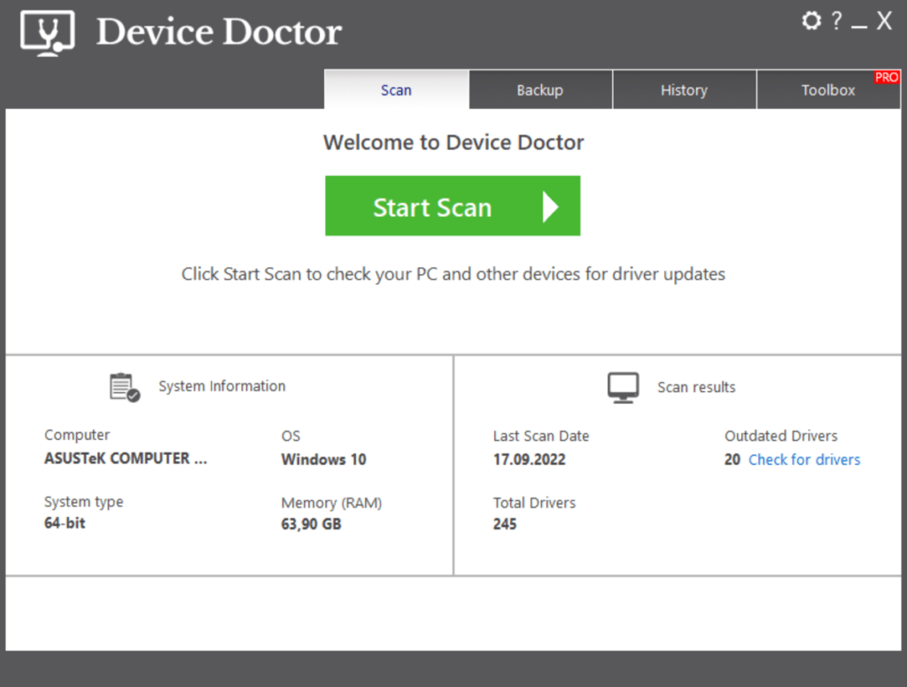 Device Doctor Home screen