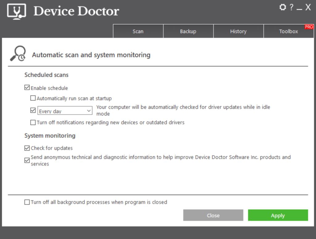 Device Doctor Schedule settings
