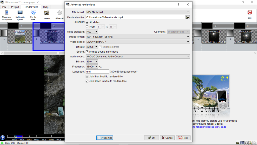 ffDiaporama Advanced render settings