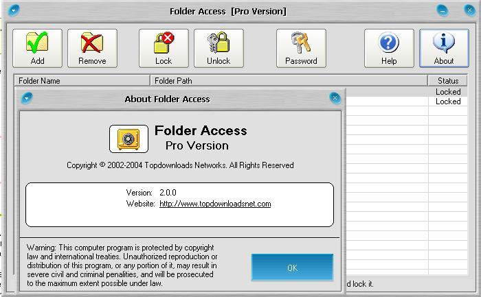 Folder Access About screen
