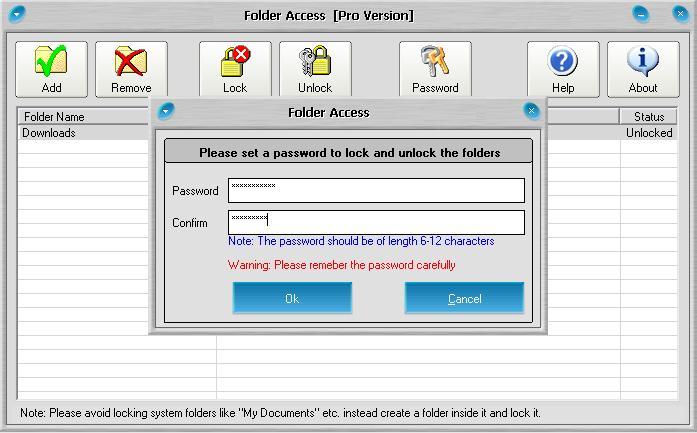 Folder Access Personal password