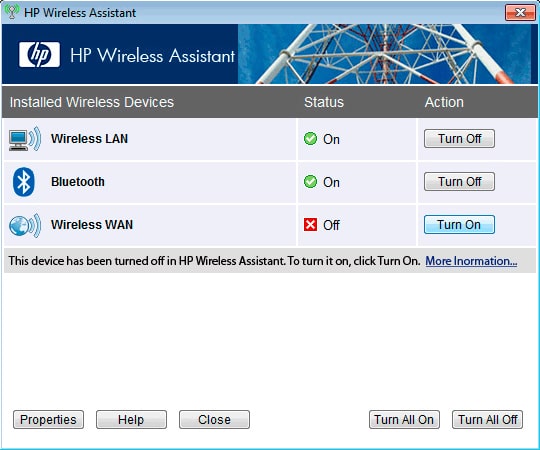 HP Wireless Assistant Installed devices