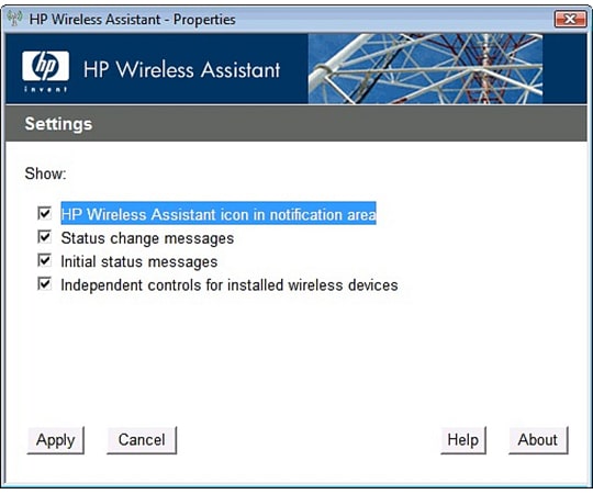 HP Wireless Assistant Settings menu