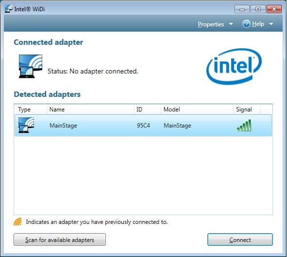 Intel WiDi Connection menu
