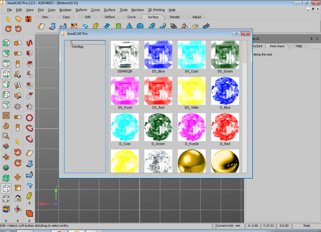 JewelCAD Pro Available materials