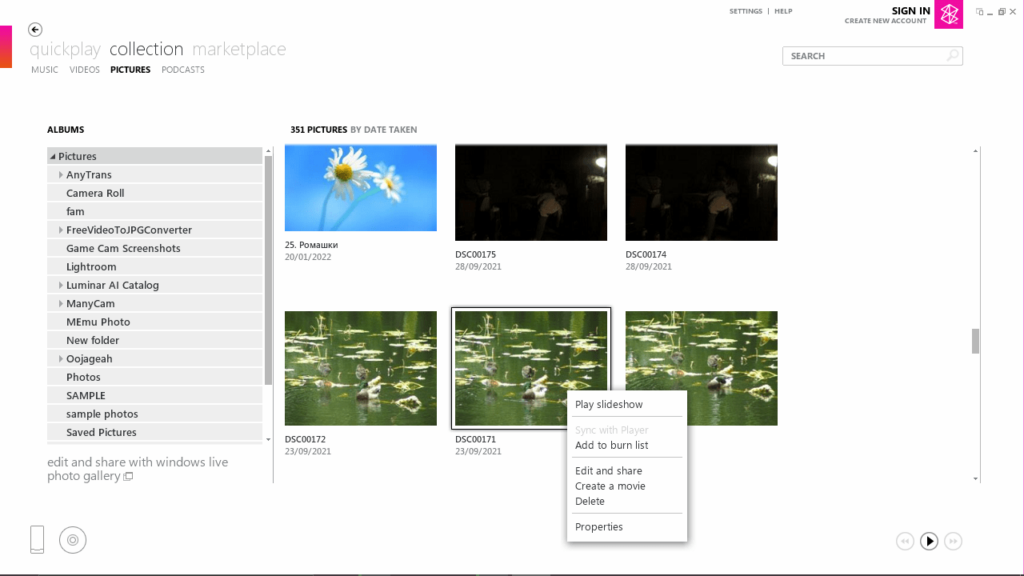 Microsoft Zune Picture actions