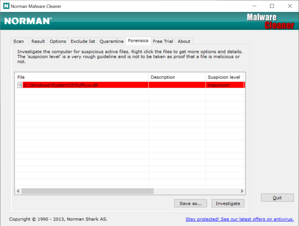 Norman Malware Cleaner Forensic tool