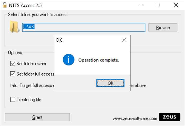 NTFS Access Confirmation message
