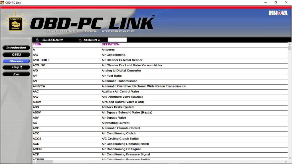OBD PC Link Glossary
