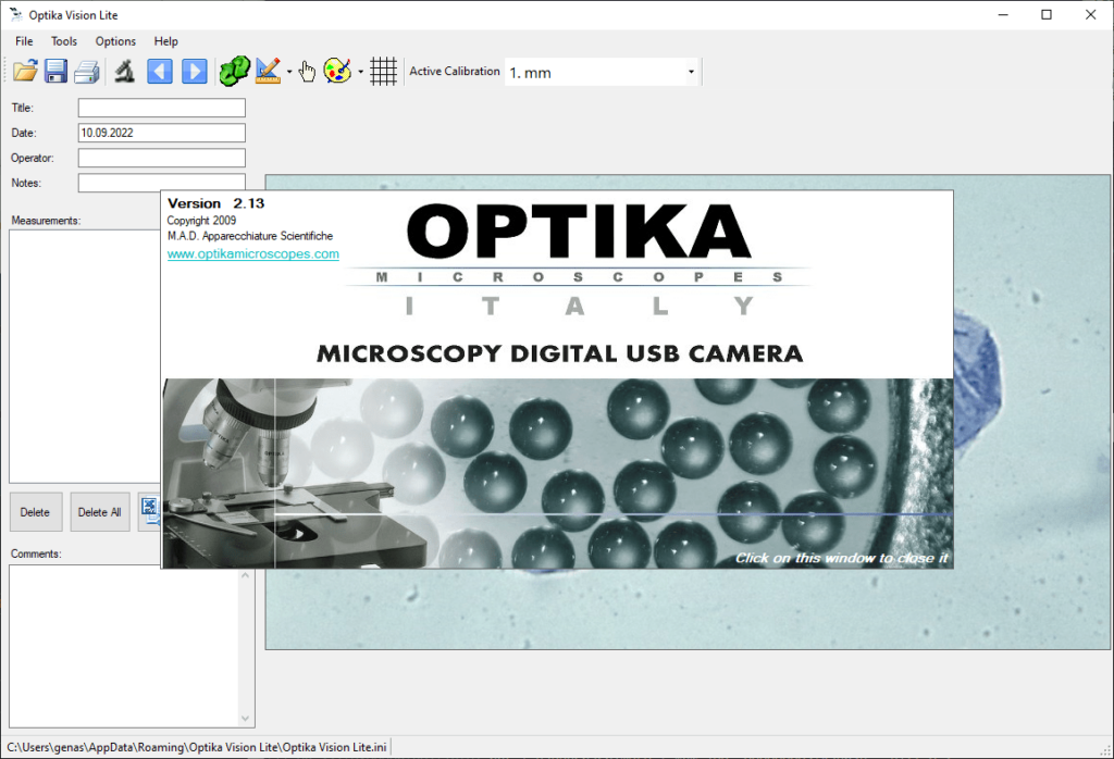 Optika Vision Lite About screen