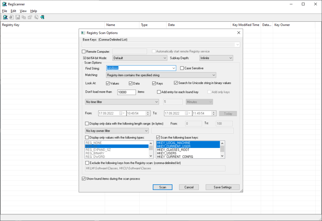 RegScanner Scan options