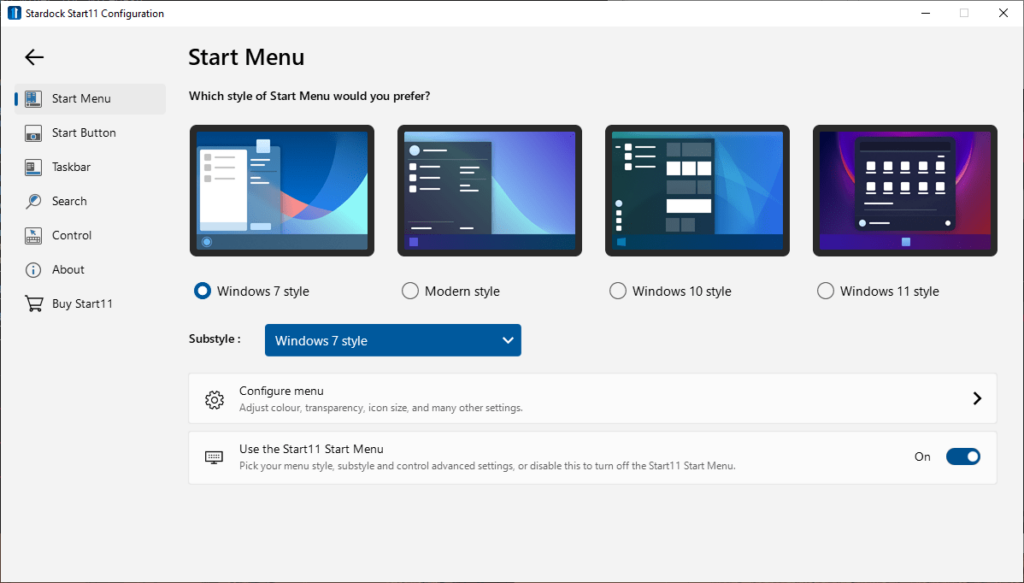 Start11 Start menu variants