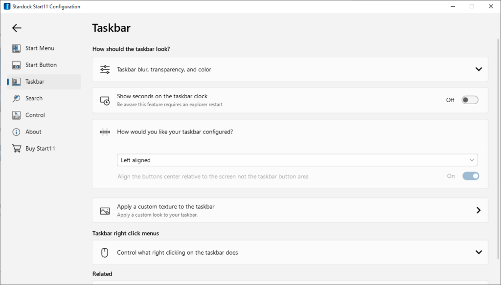 Start11 Taskbar settings