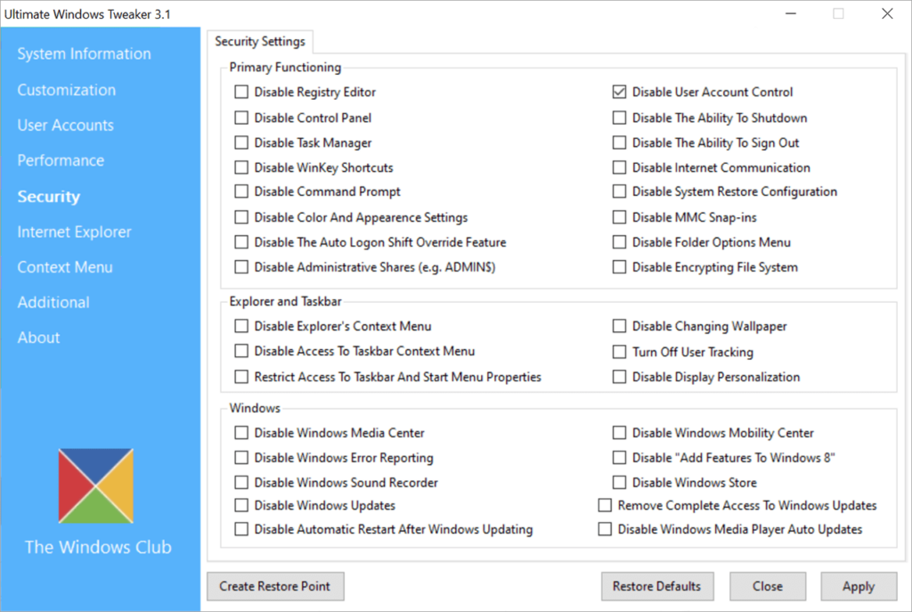 Ultimate Windows Tweaker Security settings