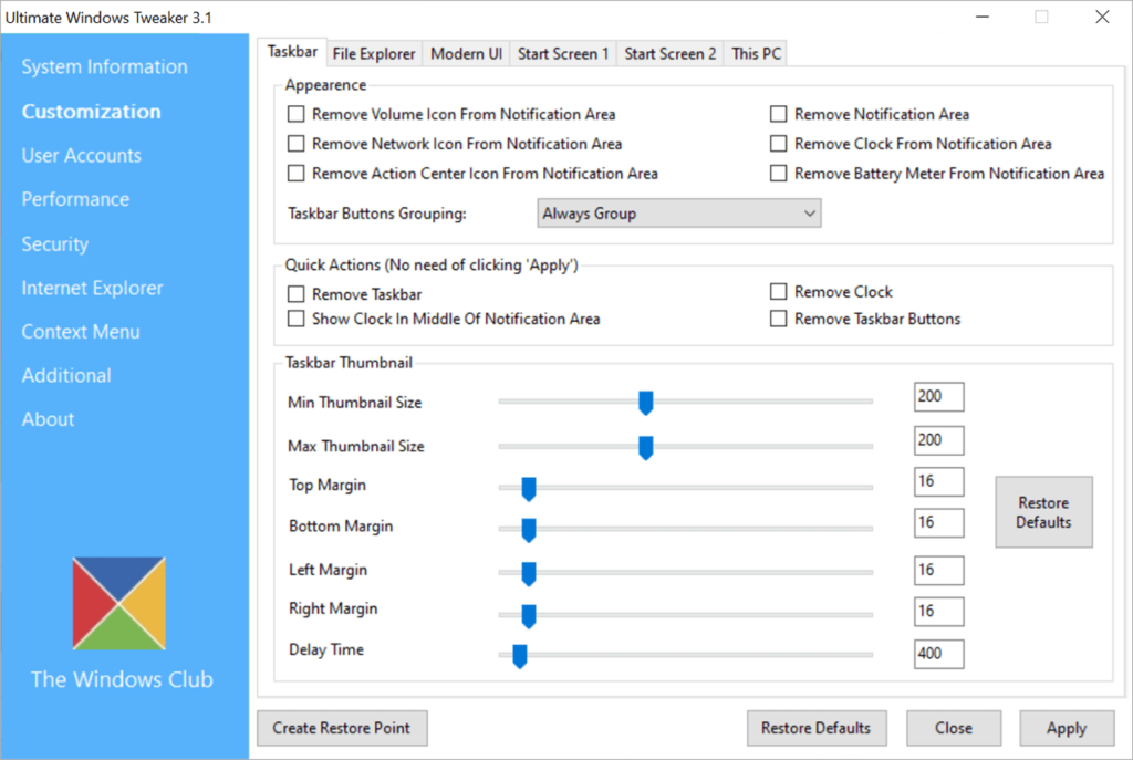 Ultimate Windows Tweaker Taskbar customization