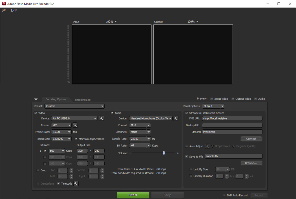 Adobe Flash Media Encoder Broadcast settings