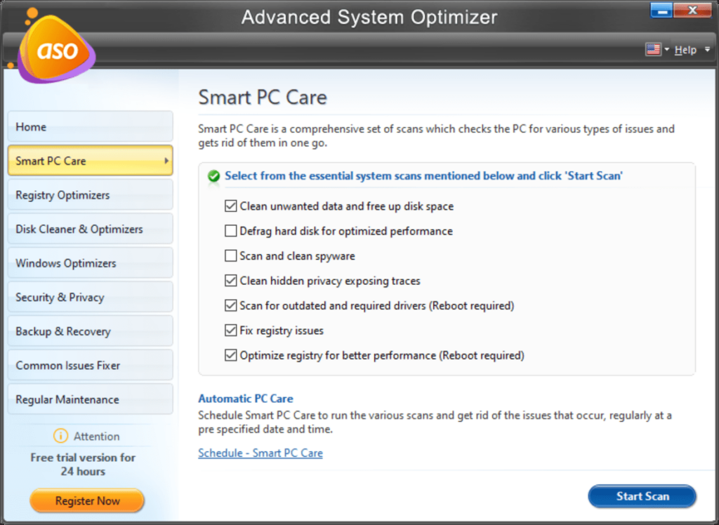 Advanced System Optimizer Scan options