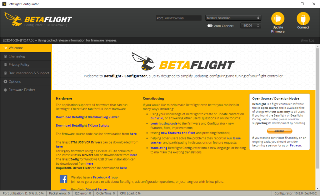 Betaflight Ecran d'accueil