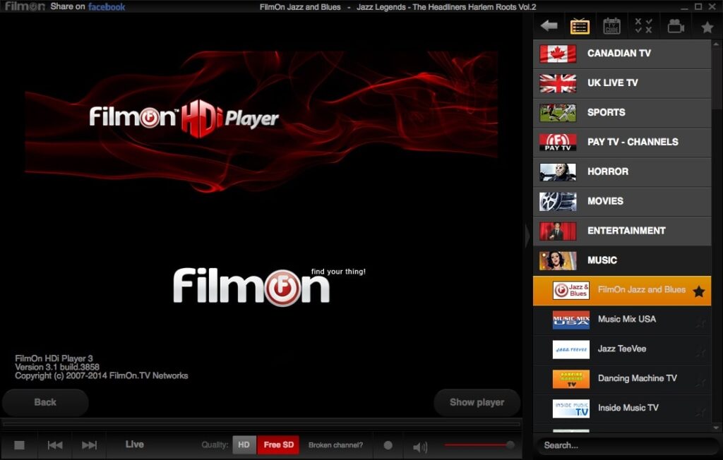 FilmOn HDi Player Available channels